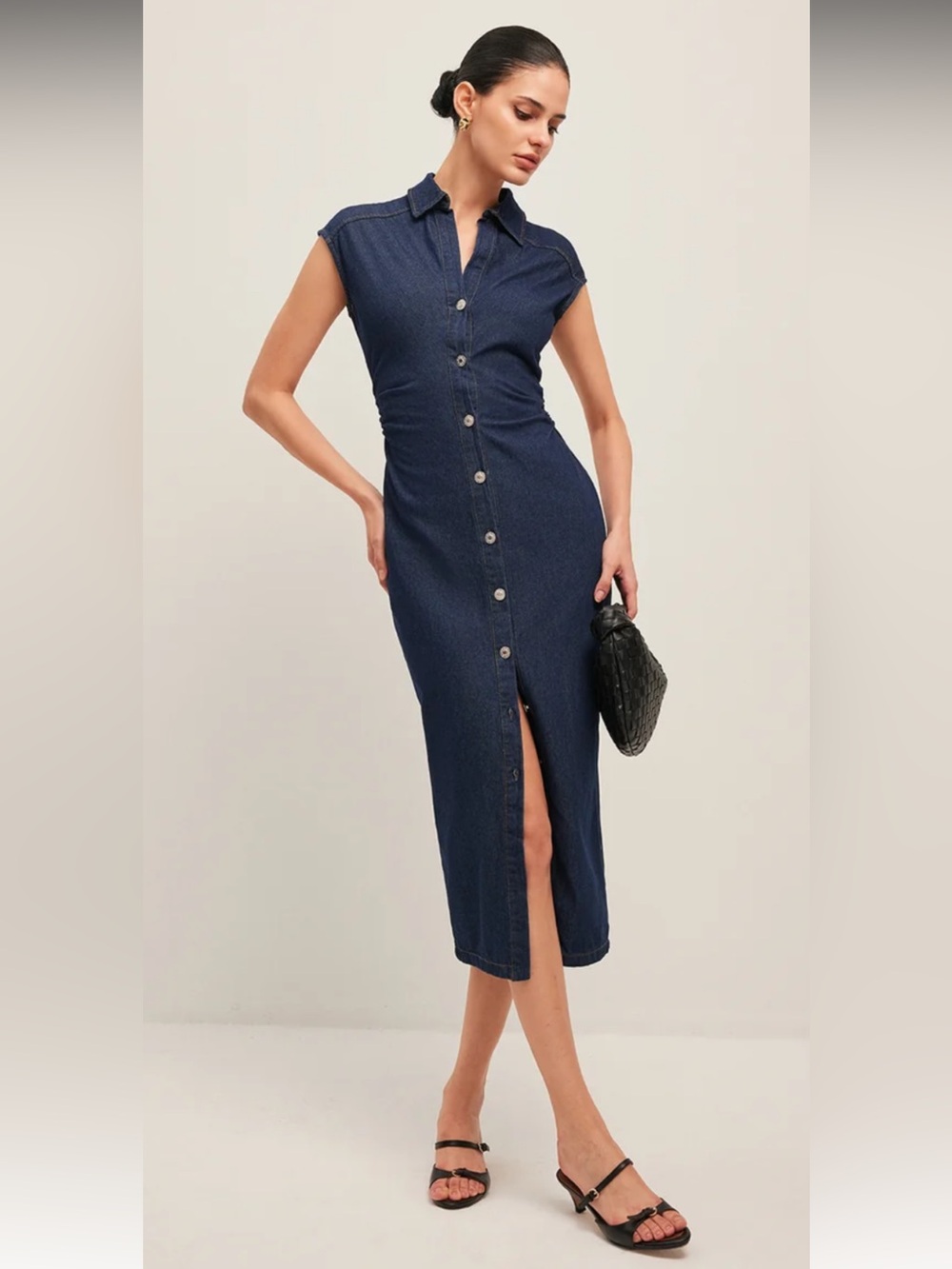 Commense Dark Blue Denim Button-Front Midi Dress
